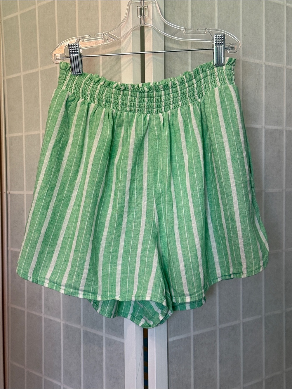 aerie Green and White Striped High-Waist Linen Shorts Deep Pockets Size S